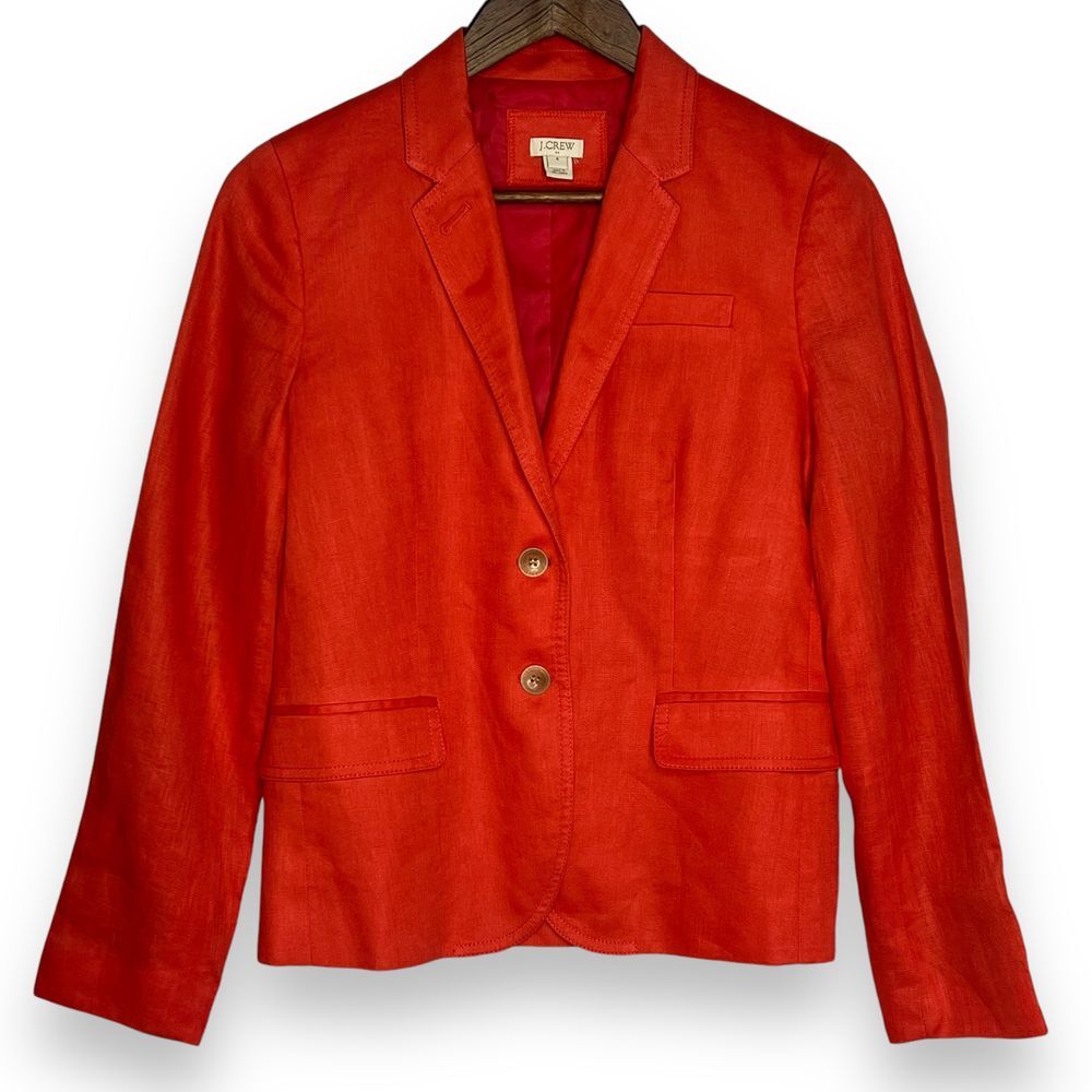 J. Crew Orange Red 100% Linen Blazer Classic Two Button‎ Professional Jacket 4